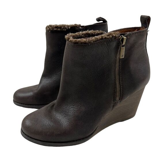 Lucky Brand Yorque Wedge Boots Size 9.5 Brown Leather Faux Fur Lined Side Zip - Picture 1 of 12